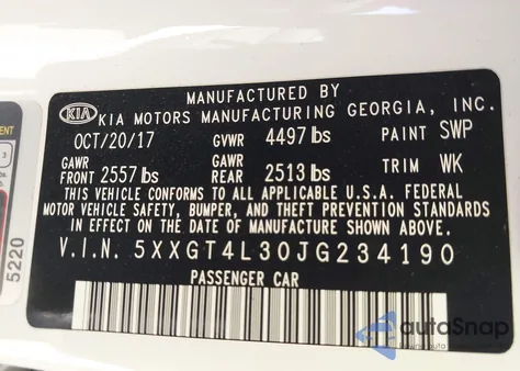 2018 Kia Optima S из США, поврежденный, VIN 5XXGT4L30JG234190